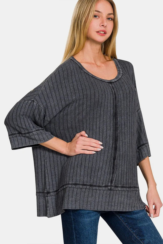 Zenana Washed Ribbed Drop Shoulder Half Sleeve Top - PBNJ FASHIONS