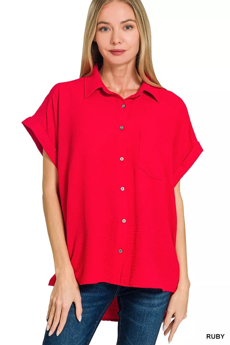 Zenana Woven Airflow Button Down Shirt - PBNJ FASHIONS