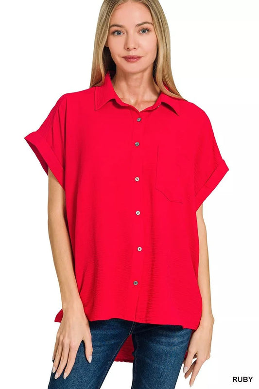 Zenana Woven Airflow Button Down Shirt - PBNJ FASHIONS