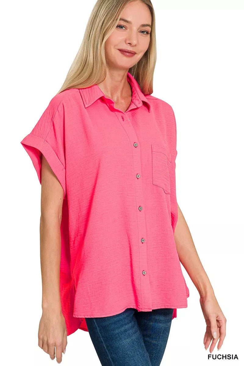 Zenana Woven Airflow Button Down Shirt - PBNJ FASHIONS
