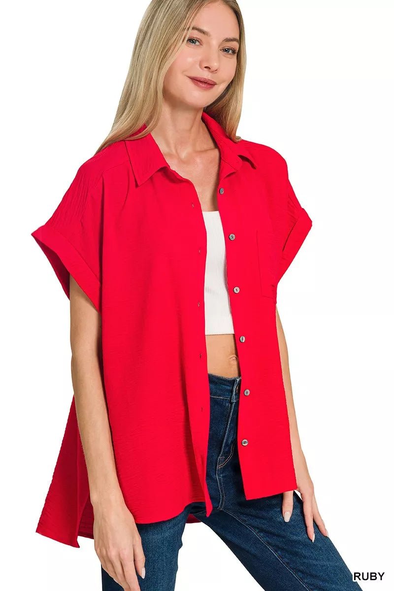 Zenana Woven Airflow Button Down Shirt - PBNJ FASHIONS