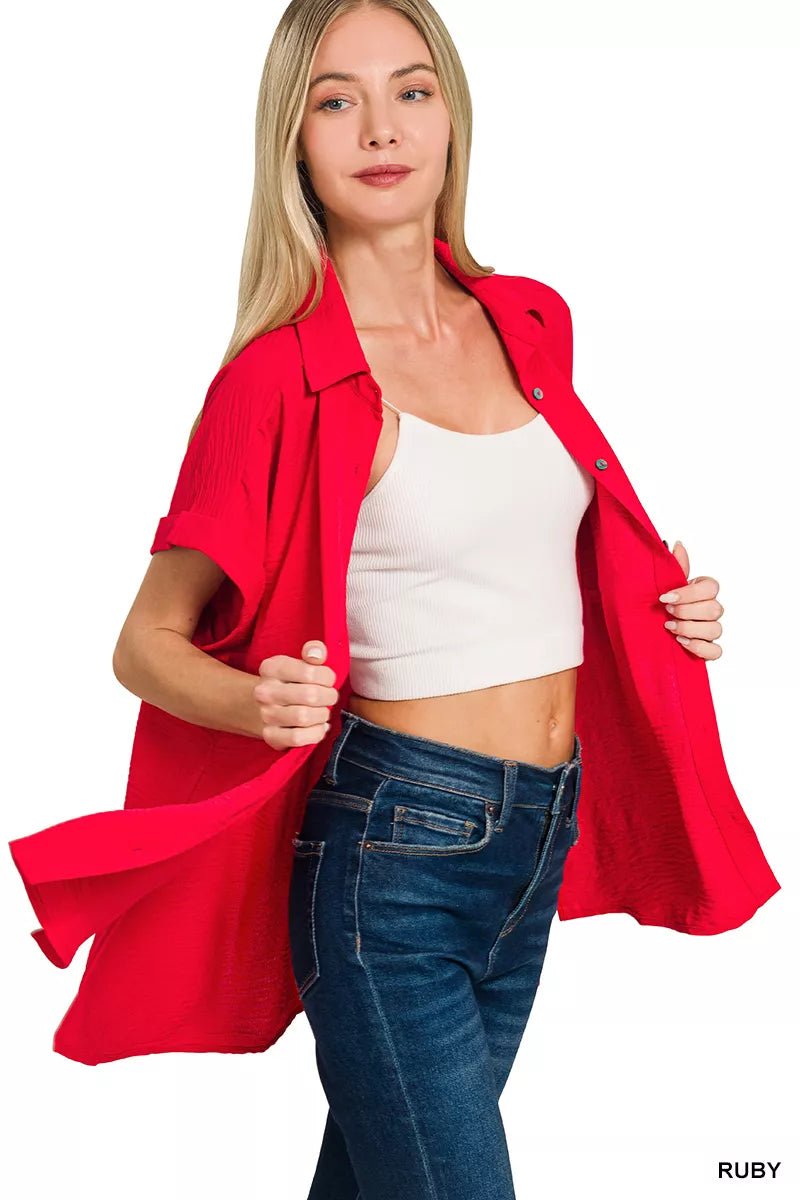 Zenana Woven Airflow Button Down Shirt - PBNJ FASHIONS