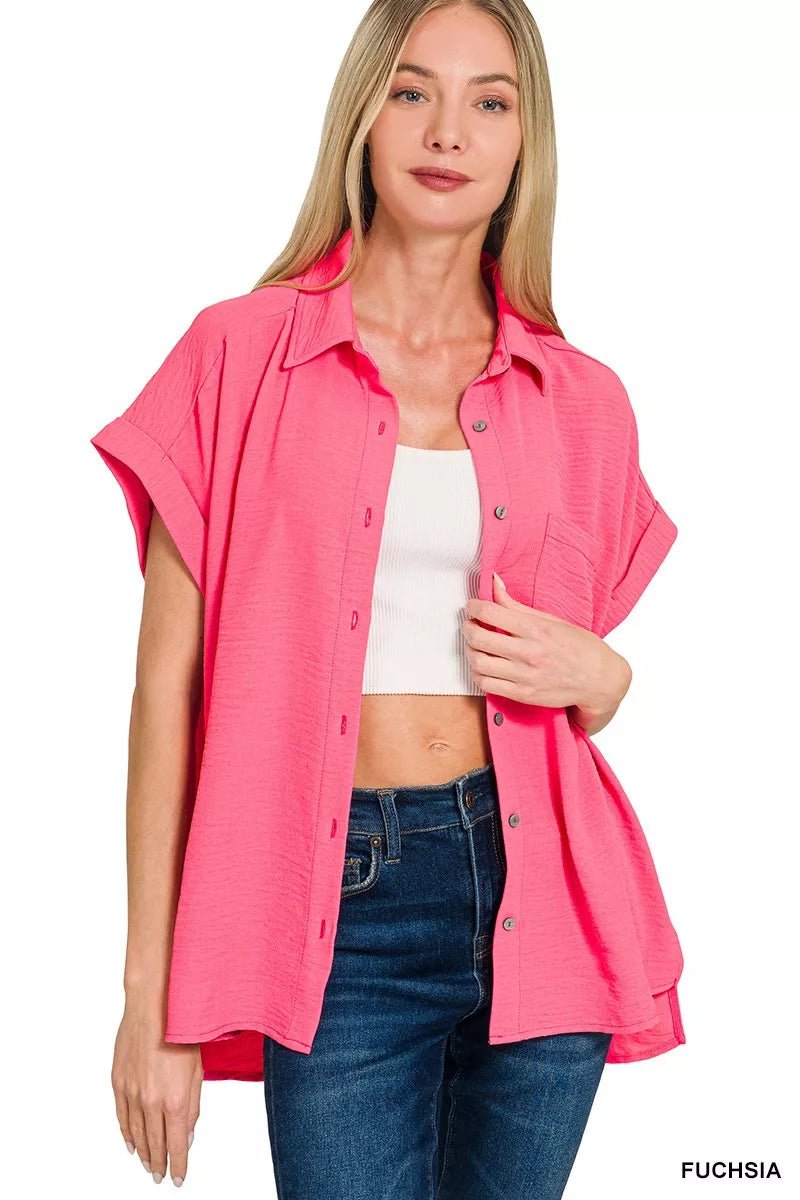 Zenana Woven Airflow Button Down Shirt - PBNJ FASHIONS