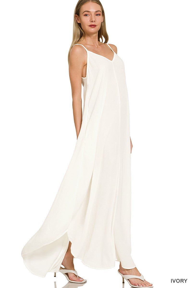 Zenana Woven Crinkle Cami Maxi Dress with Side Pockets - PBNJ FASHIONS