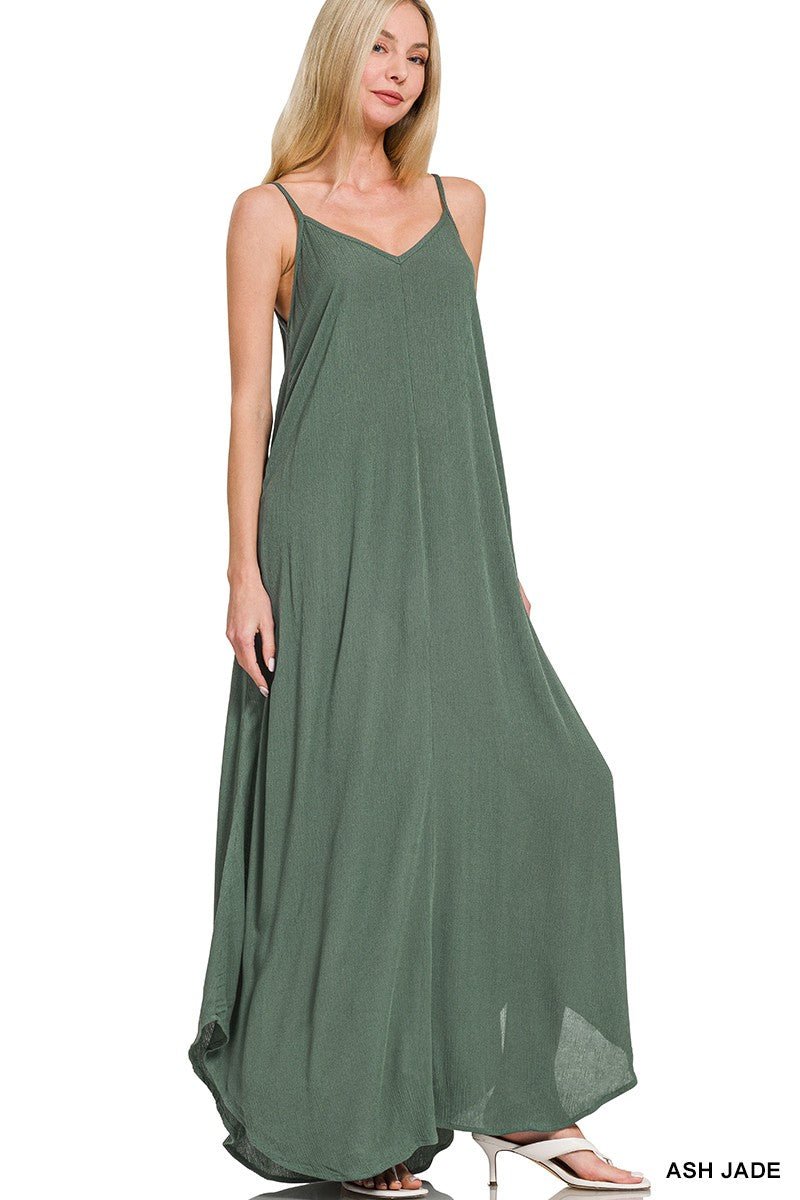 Zenana Woven Crinkle Cami Maxi Dress with Side Pockets - PBNJ FASHIONS