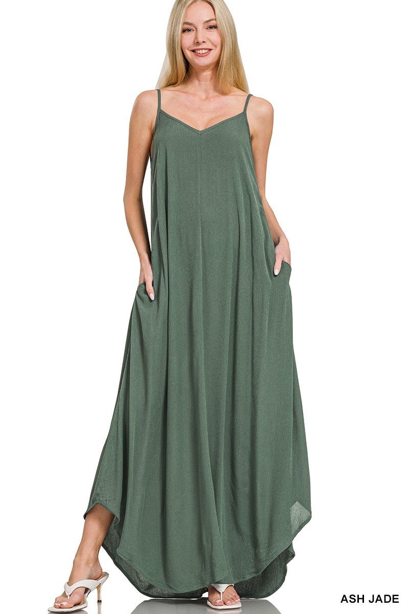 Zenana Woven Crinkle Cami Maxi Dress with Side Pockets - PBNJ FASHIONS