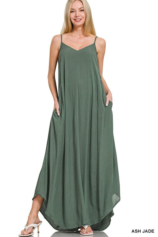 Zenana Woven Crinkle Cami Maxi Dress with Side Pockets - PBNJ FASHIONS