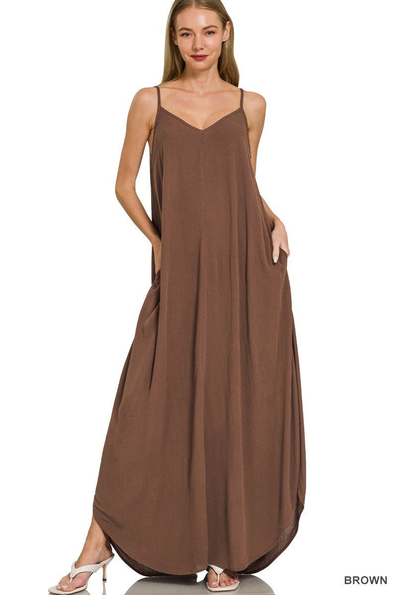 Zenana Woven Crinkle Cami Maxi Dress with Side Pockets - PBNJ FASHIONS
