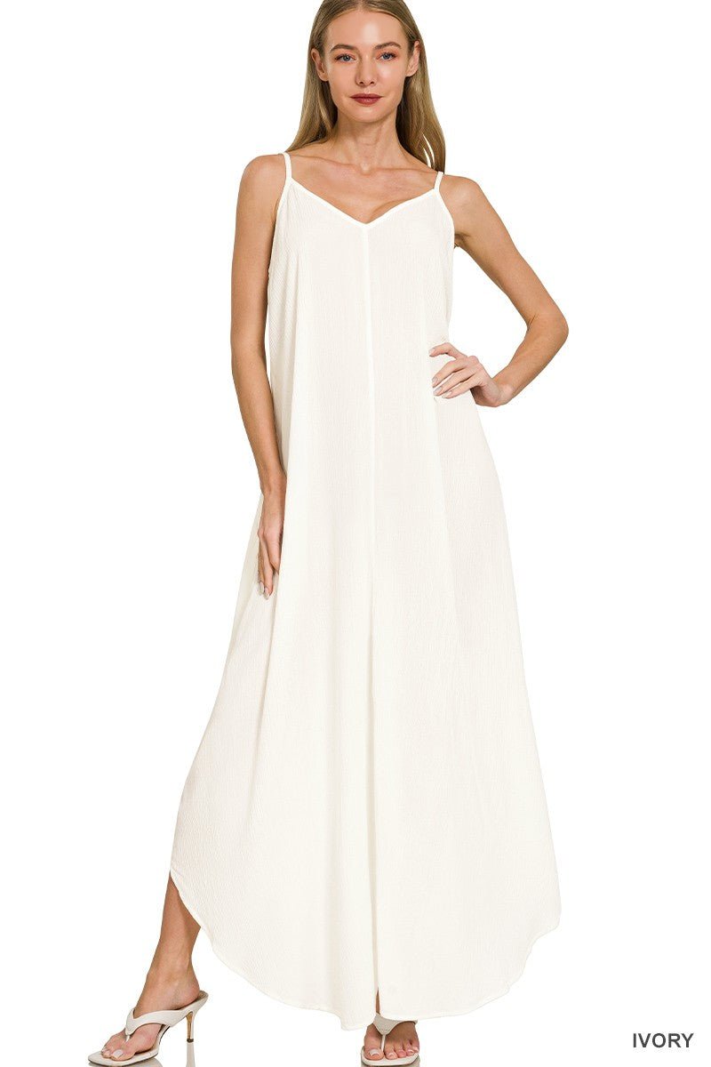 Zenana Woven Crinkle Cami Maxi Dress with Side Pockets - PBNJ FASHIONS