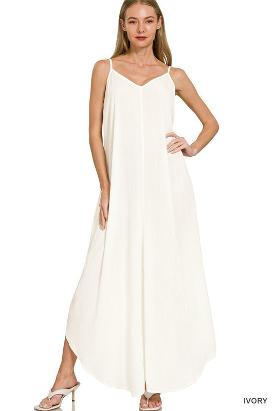 Zenana Woven Crinkle Cami Maxi Dress with Side Pockets - PBNJ FASHIONS
