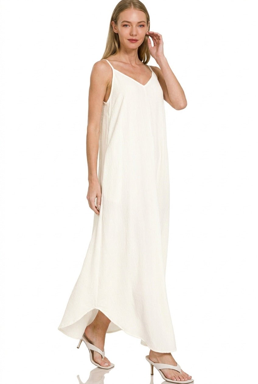 Zenana Woven Crinkle Cami Maxi Dress with Side Pockets - PBNJ FASHIONS