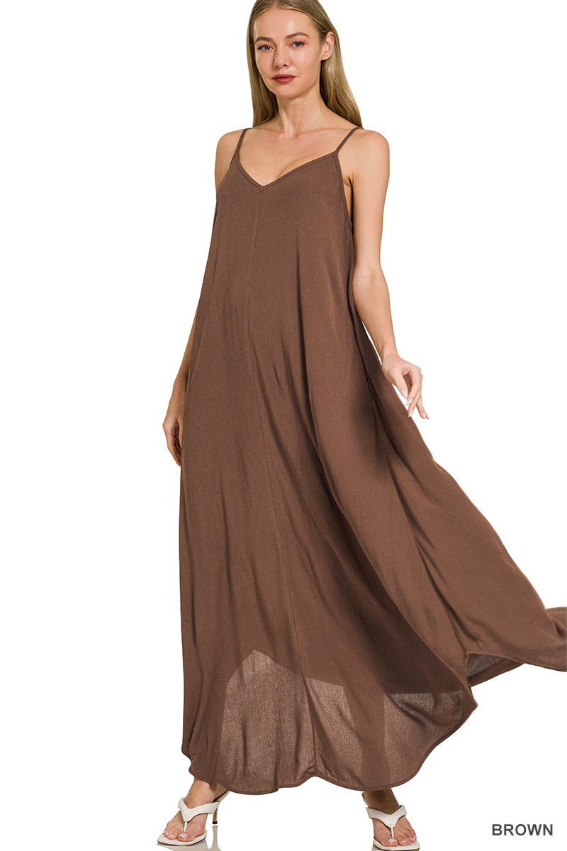 Zenana Woven Crinkle Cami Maxi Dress with Side Pockets - PBNJ FASHIONS