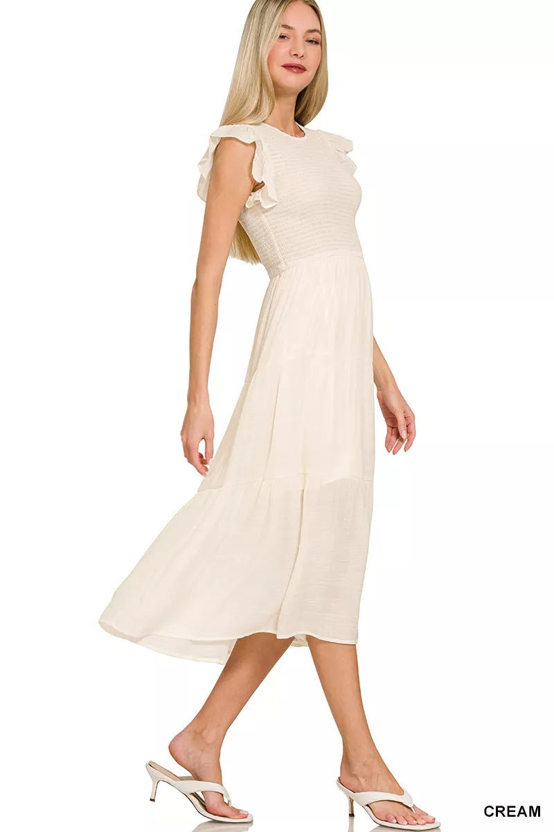 Zenana Woven Smocked Ruffle Sleeve Midi Dress - PBNJ FASHIONS
