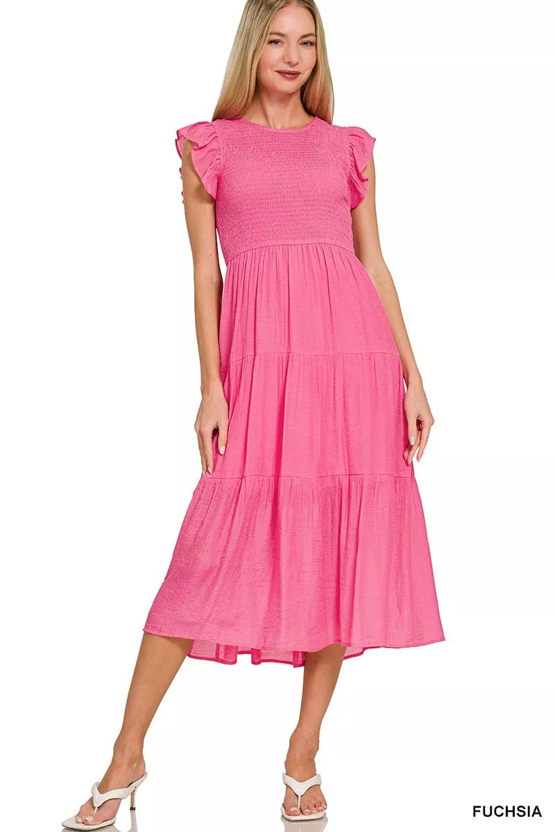 Zenana Woven Smocked Ruffle Sleeve Midi Dress - FUCHSIA-S- - PBNJ FASHIONS