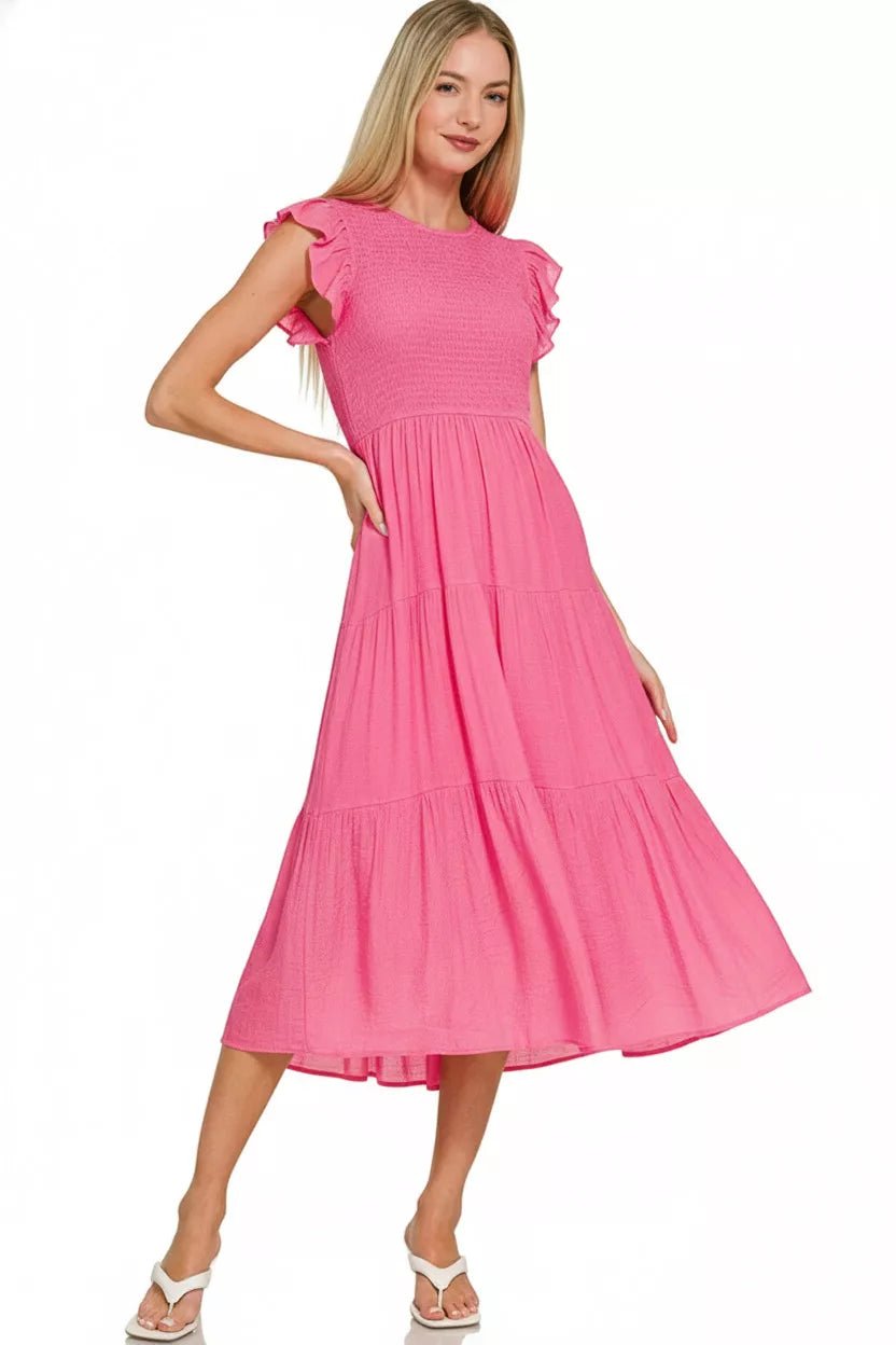 Zenana Woven Smocked Ruffle Sleeve Midi Dress - FUCHSIA-S- - PBNJ FASHIONS