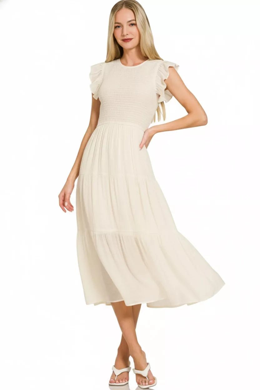 Zenana Woven Smocked Ruffle Sleeve Midi Dress - PBNJ FASHIONS