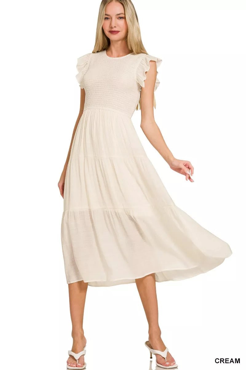 Zenana Woven Smocked Ruffle Sleeve Midi Dress - PBNJ FASHIONS
