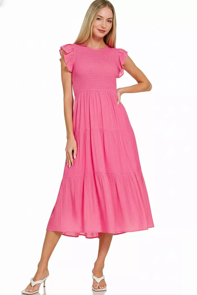 Zenana Woven Smocked Ruffle Sleeve Midi Dress - FUCHSIA-S- - PBNJ FASHIONS