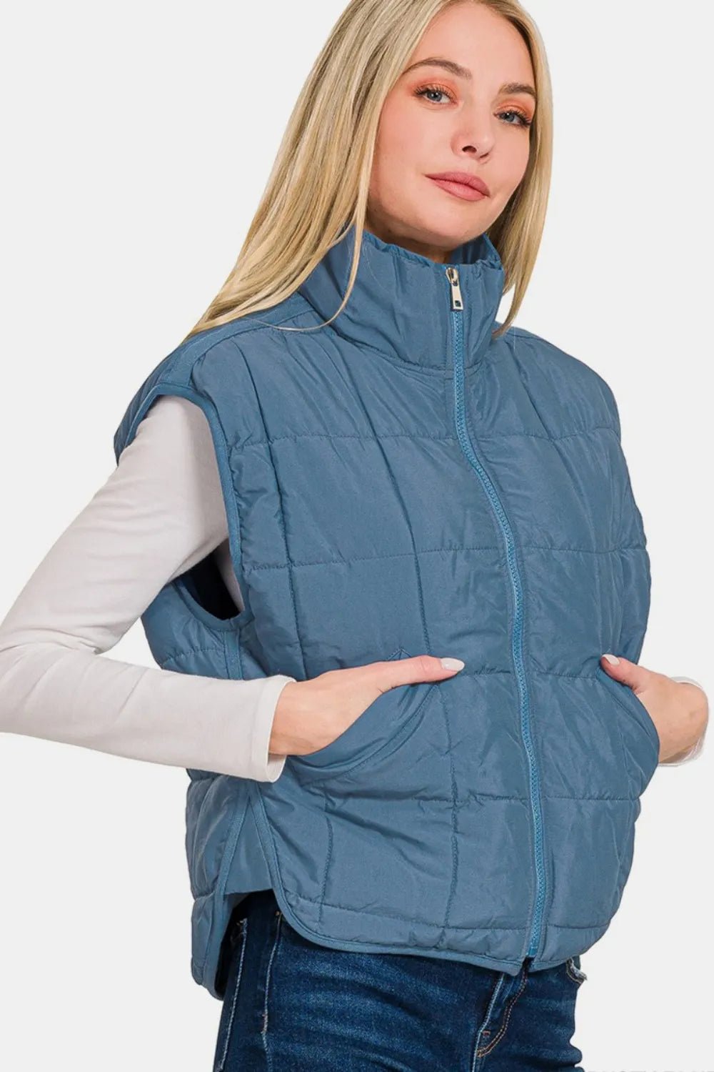Zenana Zip Up Cropped Puffer Vest with Pockets - PBNJ FASHIONS