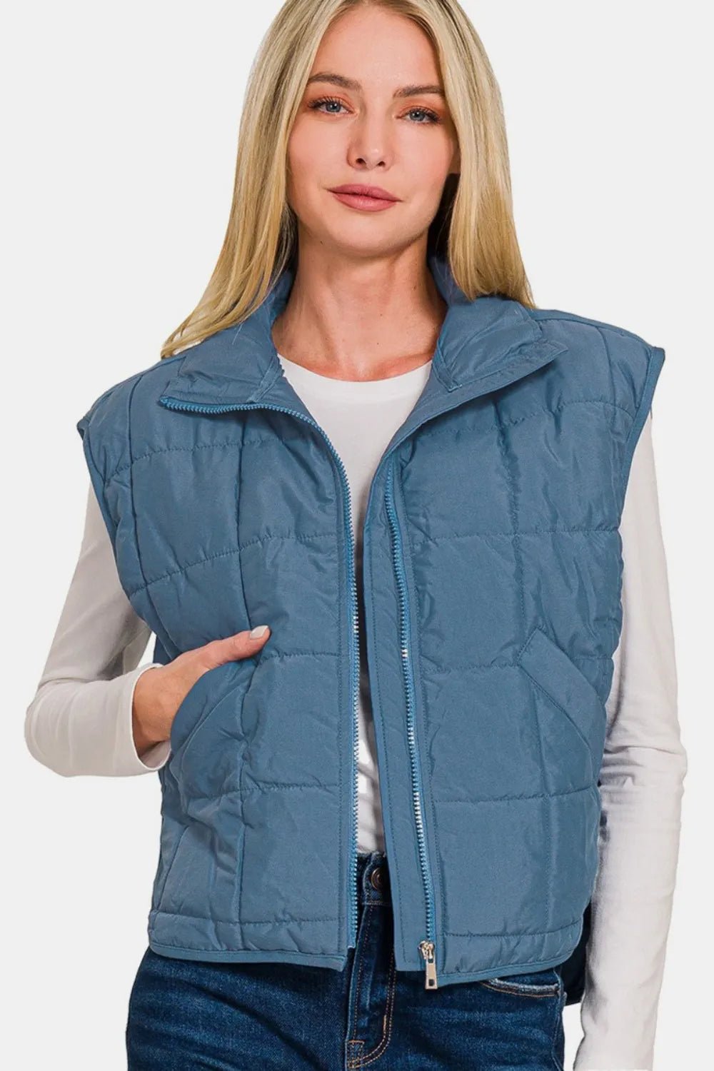 Zenana Zip Up Cropped Puffer Vest with Pockets - PBNJ FASHIONS