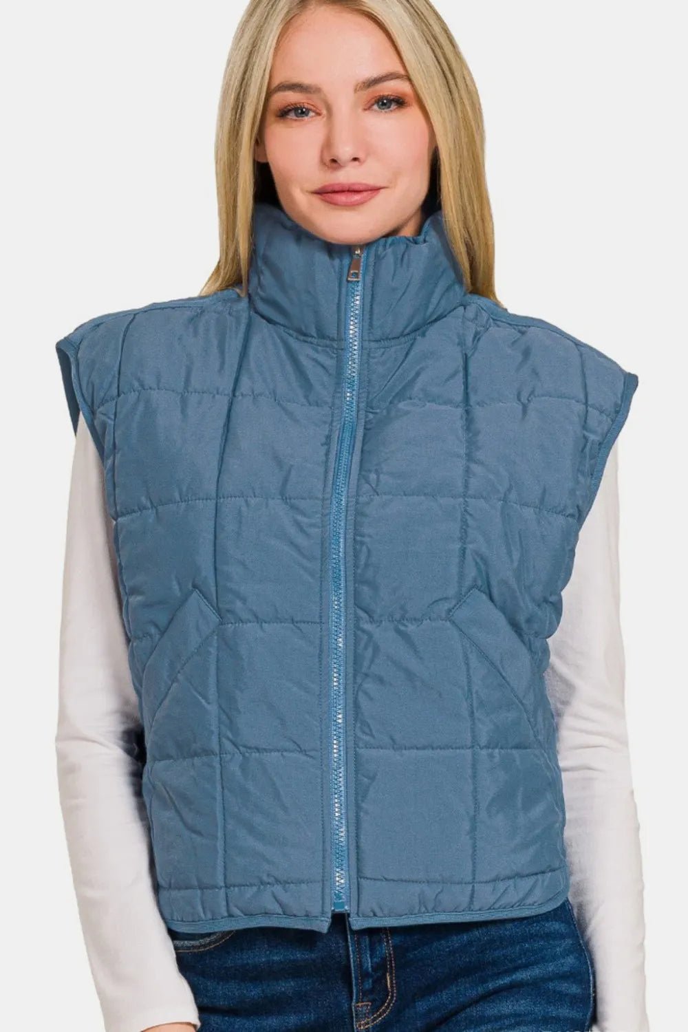 Zenana Zip Up Cropped Puffer Vest with Pockets - PBNJ FASHIONS